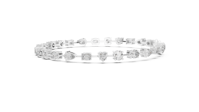 Multi shape lab grown diamond tennis bracelet with round heart oval pear and emerald cut diamonds in gold variations
