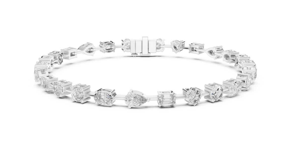 Multi shape lab grown diamond tennis bracelet with round heart oval pear and emerald cut diamonds in gold variations