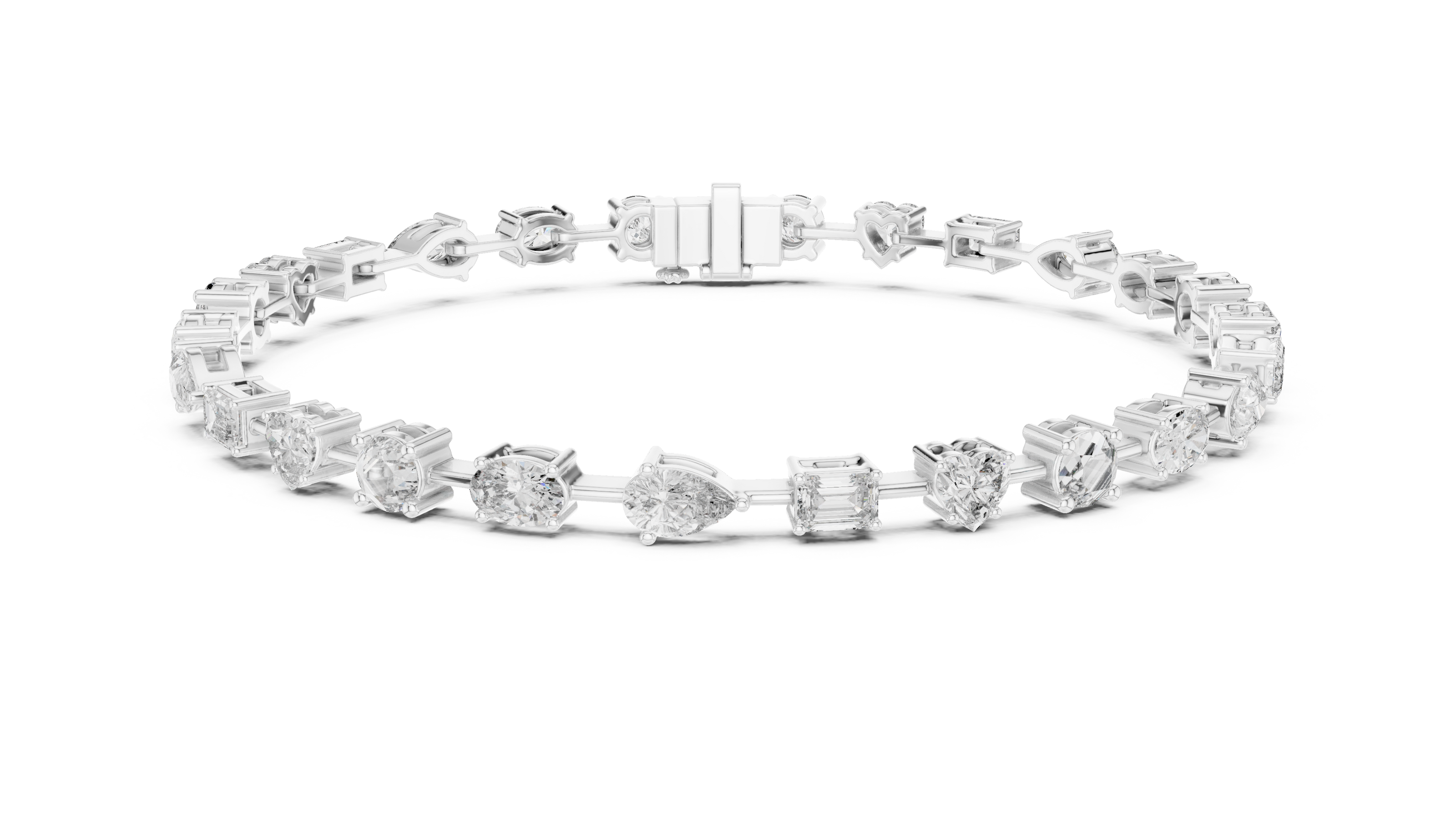Multi shape lab grown diamond tennis bracelet with round heart oval pear and emerald cut diamonds in gold variations