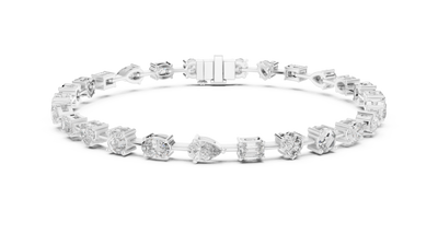 Multi shape lab grown diamond tennis bracelet with round heart oval pear and emerald cut diamonds in gold variations