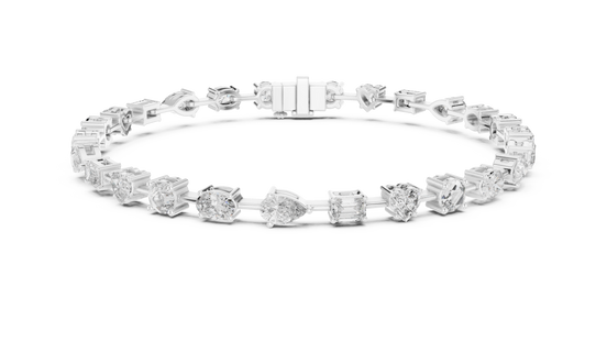 Multi shape lab grown diamond tennis bracelet with round heart oval pear and emerald cut diamonds in gold variations