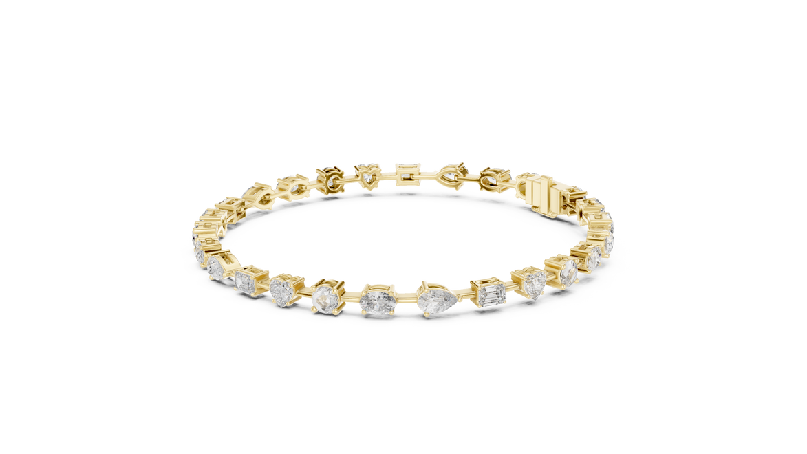 Multi shape lab grown diamond tennis bracelet with round heart oval pear and emerald cut diamonds in gold variations