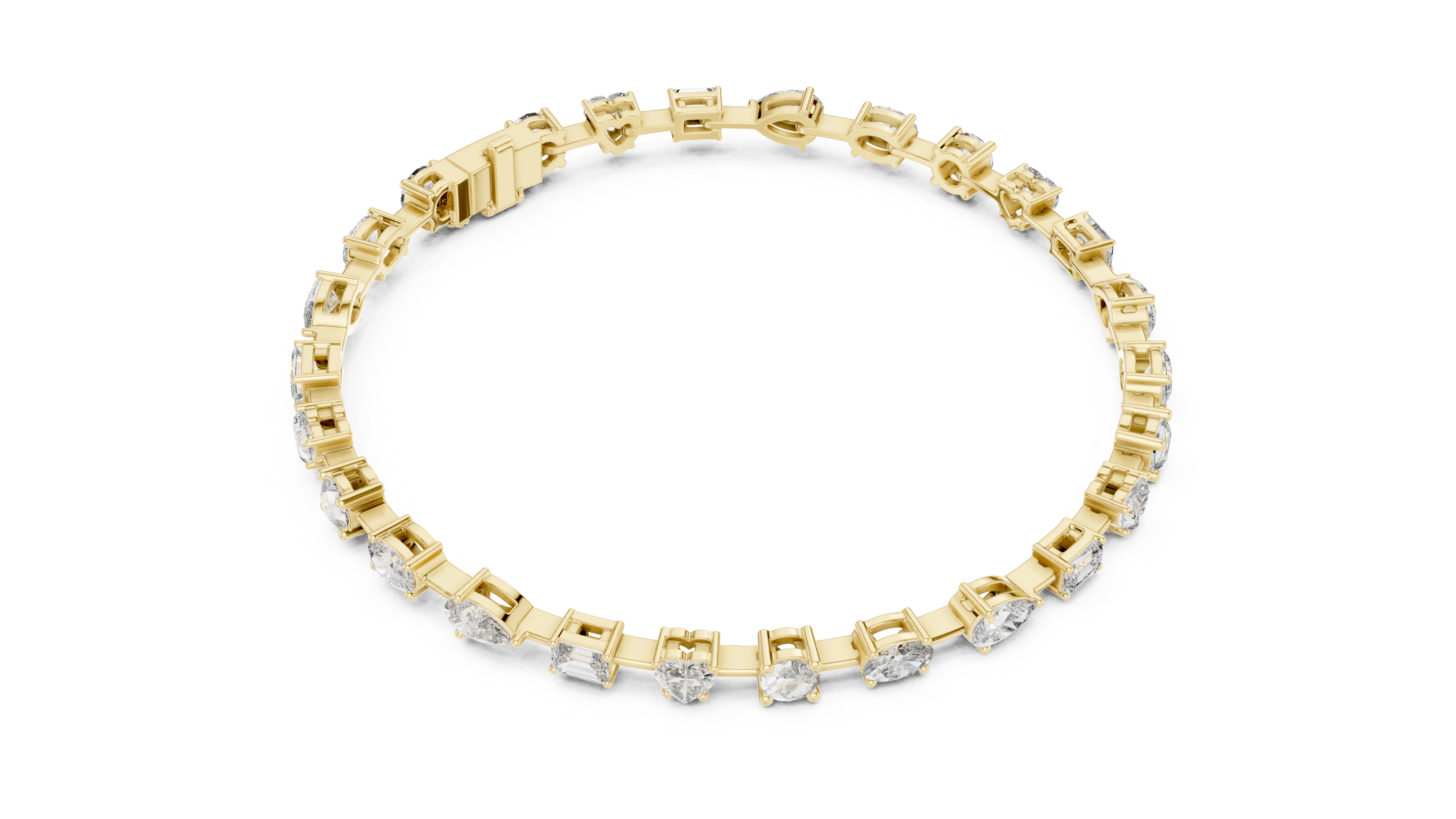 Multi shape lab grown diamond tennis bracelet with round heart oval pear and emerald cut diamonds in gold variations