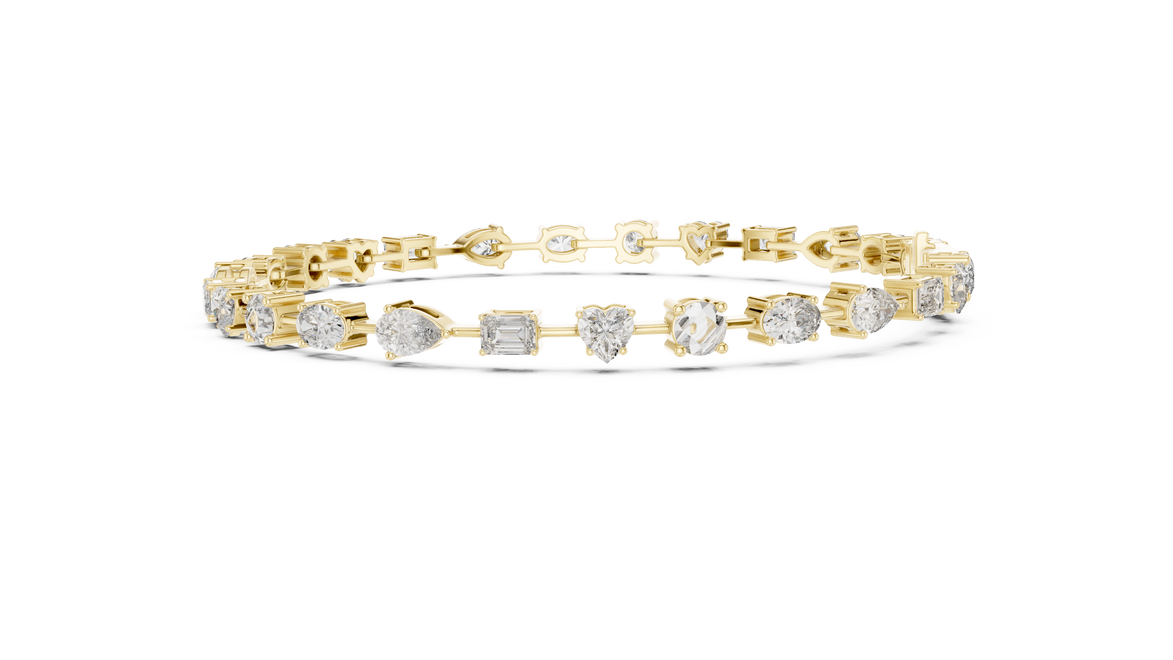 Multi shape lab grown diamond tennis bracelet with round heart oval pear and emerald cut diamonds in gold variations