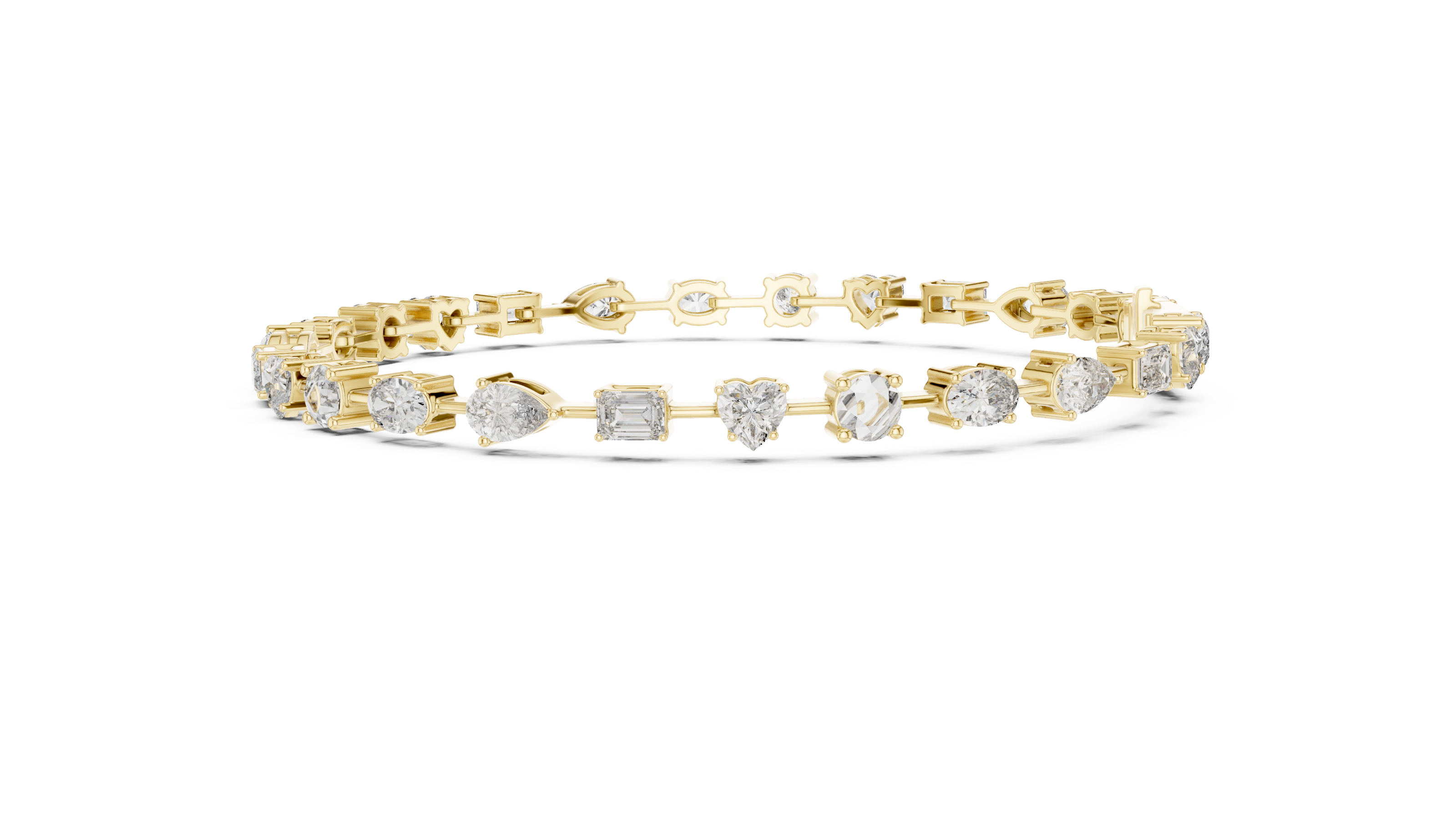 Multi shape lab grown diamond tennis bracelet with round heart oval pear and emerald cut diamonds in gold variations