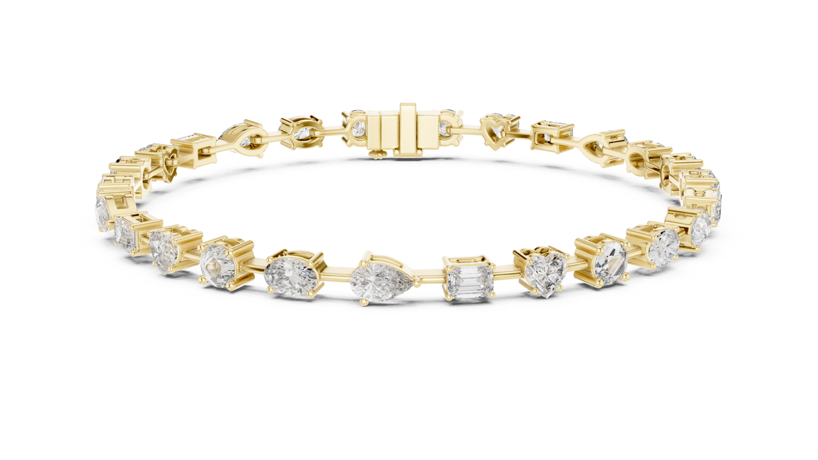 Multi shape lab grown diamond tennis bracelet with round heart oval pear and emerald cut diamonds in gold variations