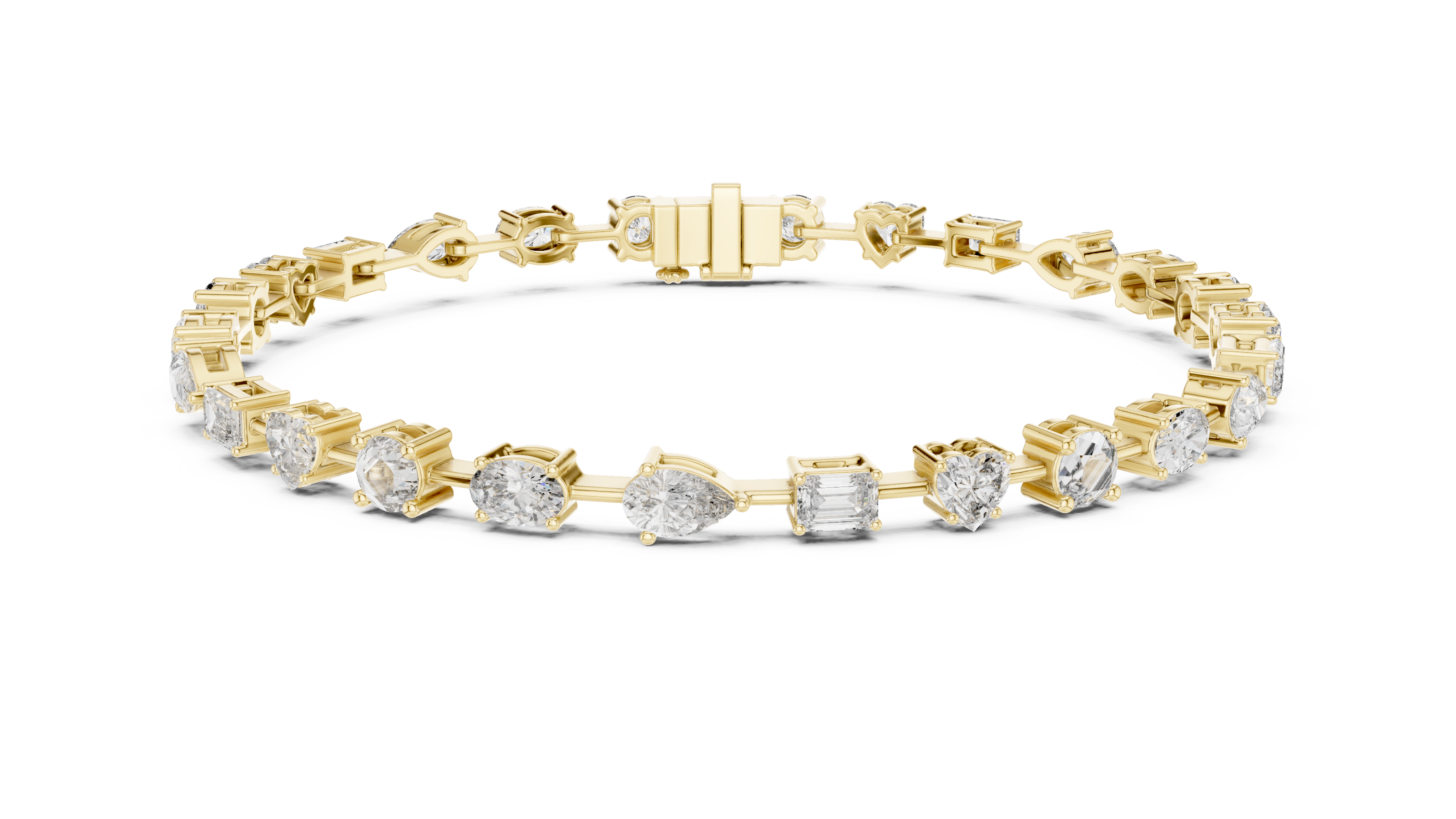 Multi shape lab grown diamond tennis bracelet with round heart oval pear and emerald cut diamonds in gold variations