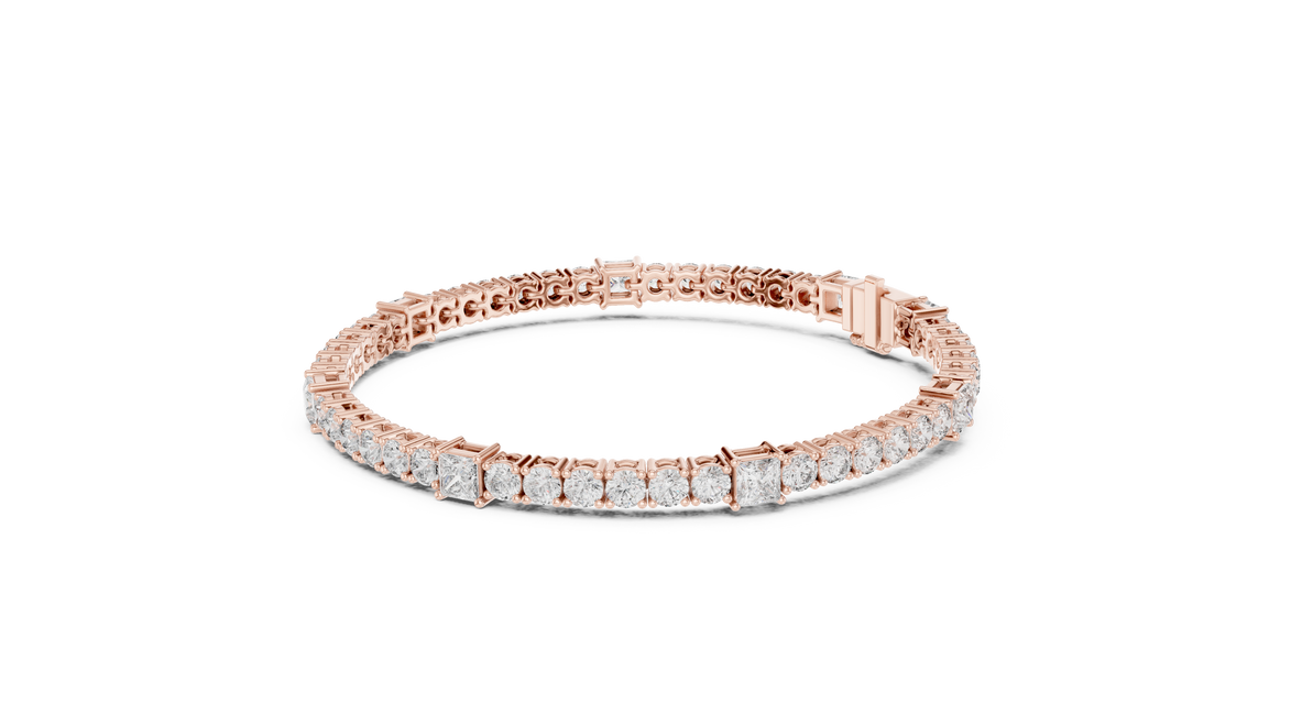 Princess and round lab grown diamond tennis bracelet in yellow white and rose gold with modern mixed shape design