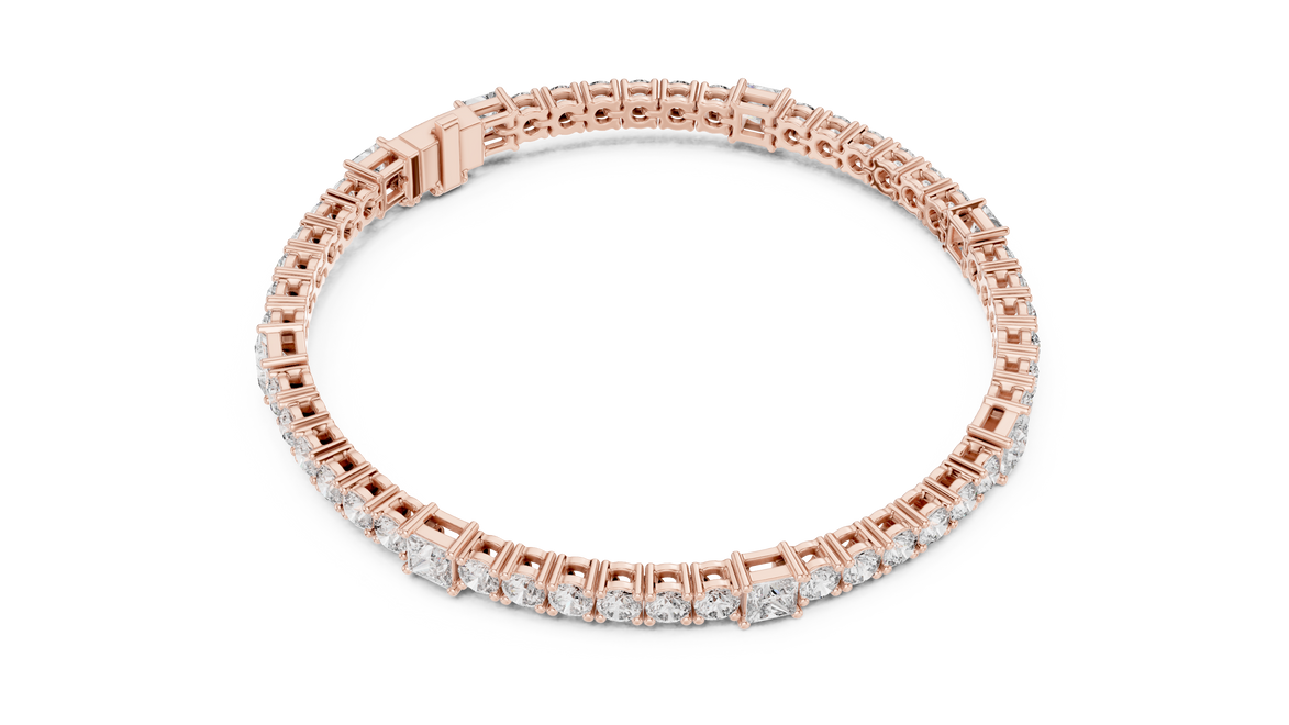 Princess and round lab grown diamond tennis bracelet in yellow white and rose gold with modern mixed shape design