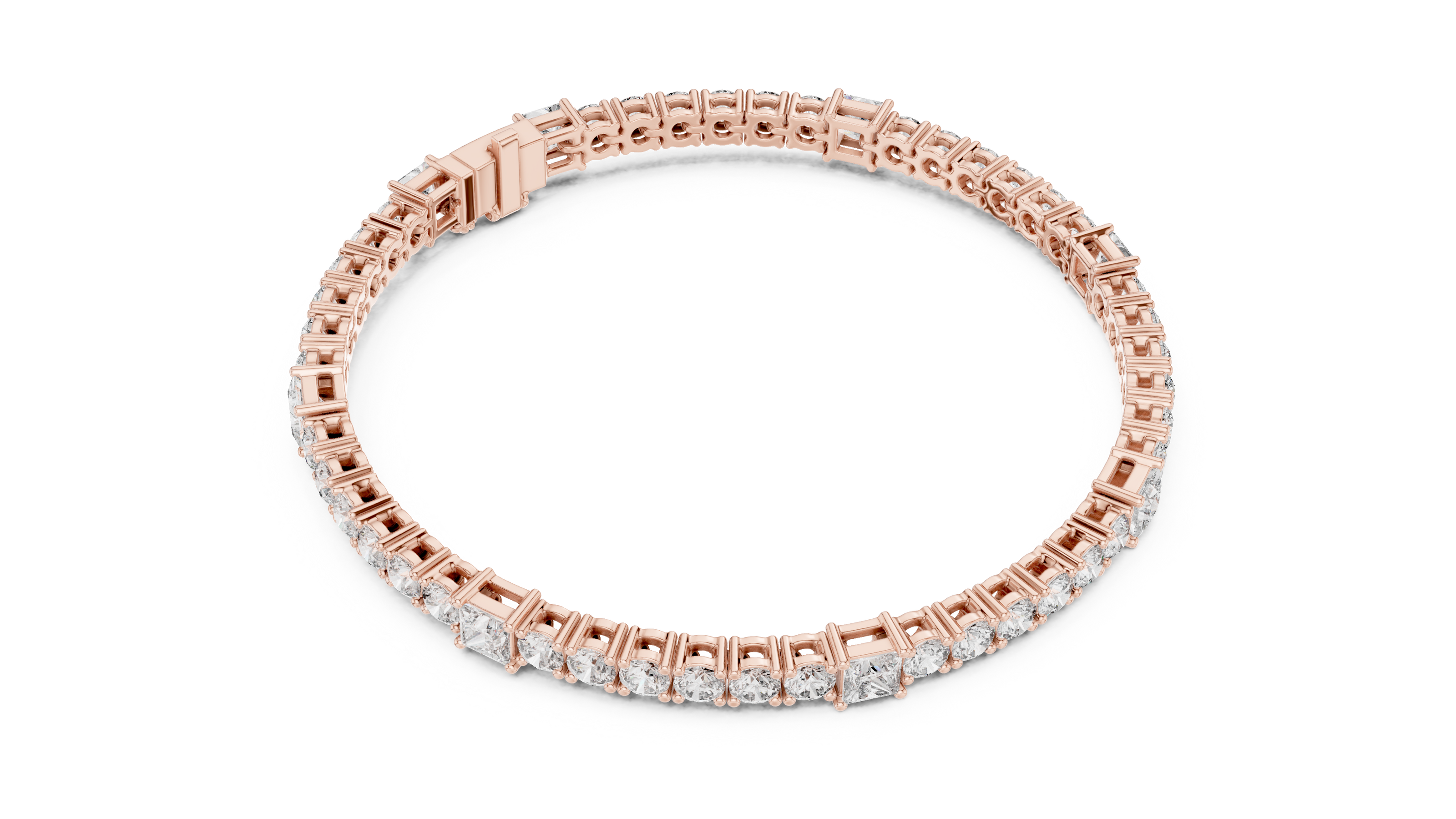 Princess and round lab grown diamond tennis bracelet in yellow white and rose gold with modern mixed shape design