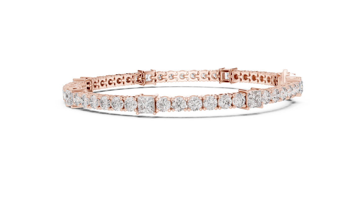 Princess and round lab grown diamond tennis bracelet in yellow white and rose gold with modern mixed shape design