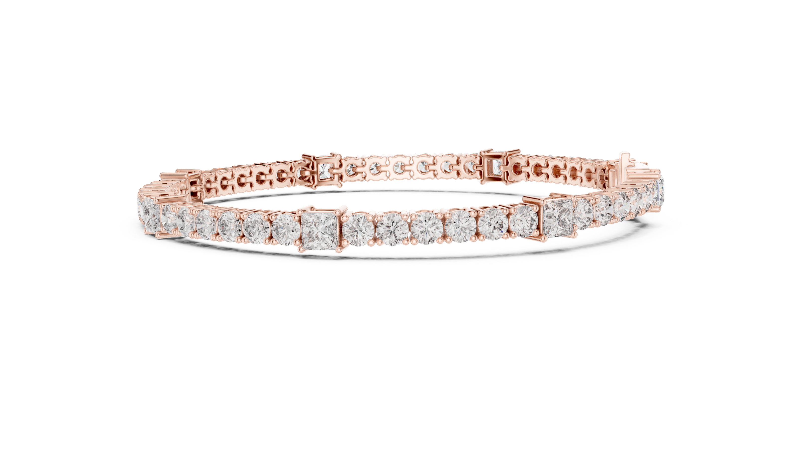 Princess and round lab grown diamond tennis bracelet in yellow white and rose gold with modern mixed shape design
