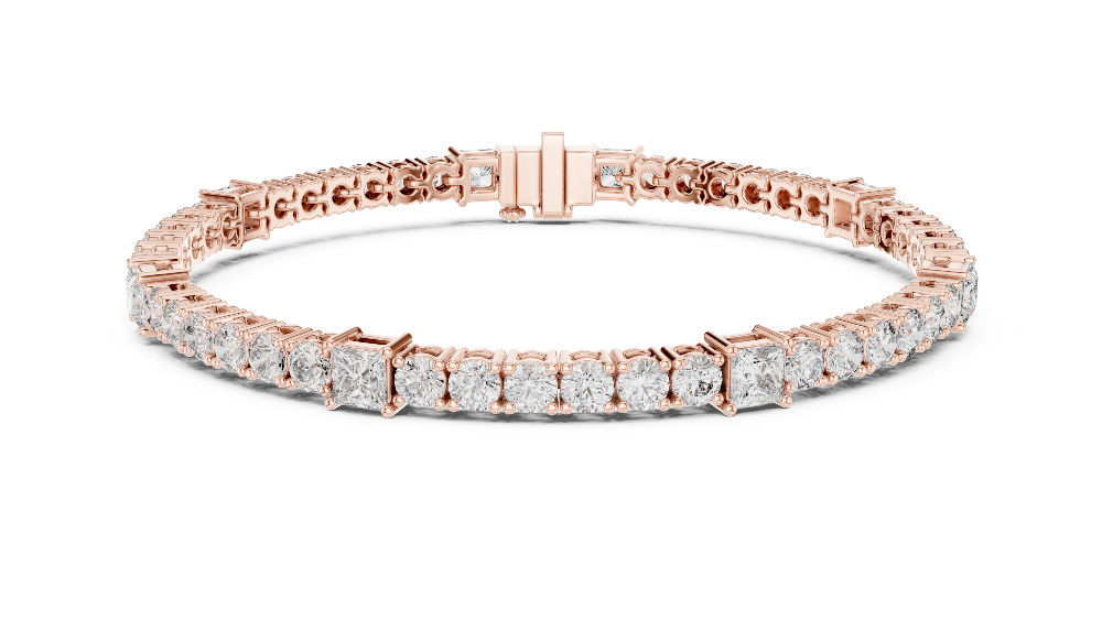 Princess and round lab grown diamond tennis bracelet in yellow white and rose gold with modern mixed shape design