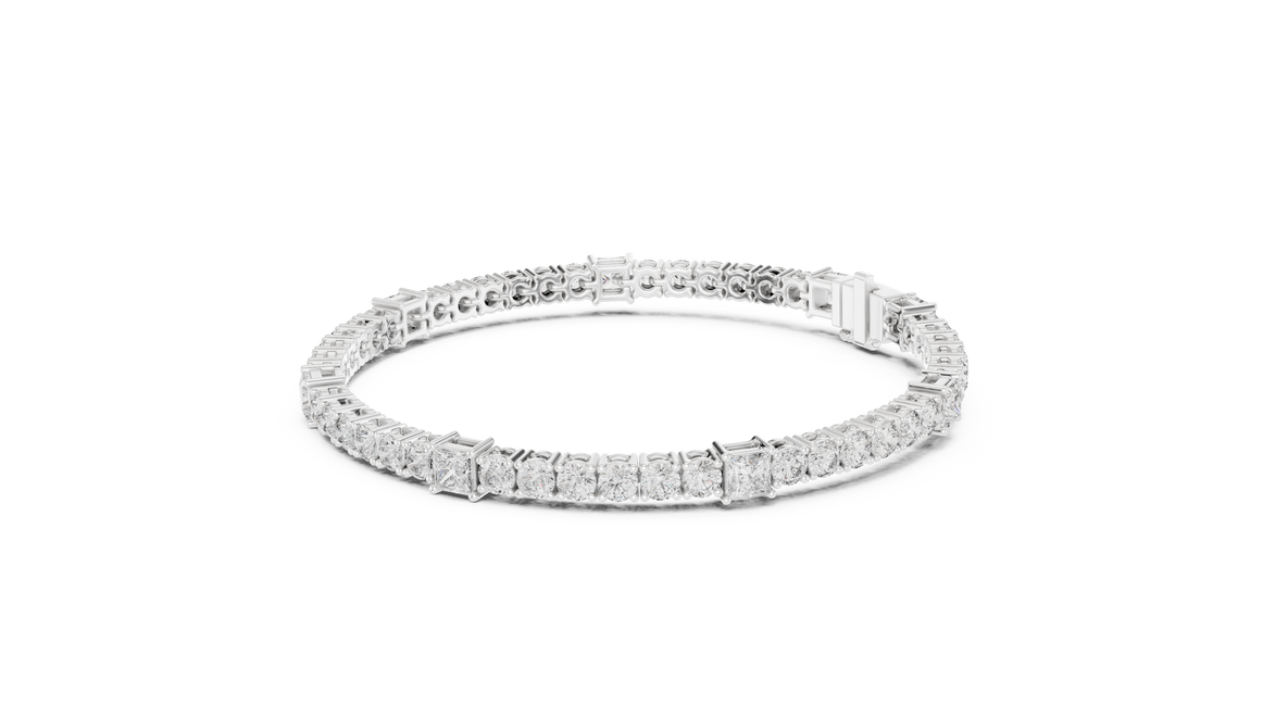 Princess and round lab grown diamond tennis bracelet in yellow white and rose gold with modern mixed shape design