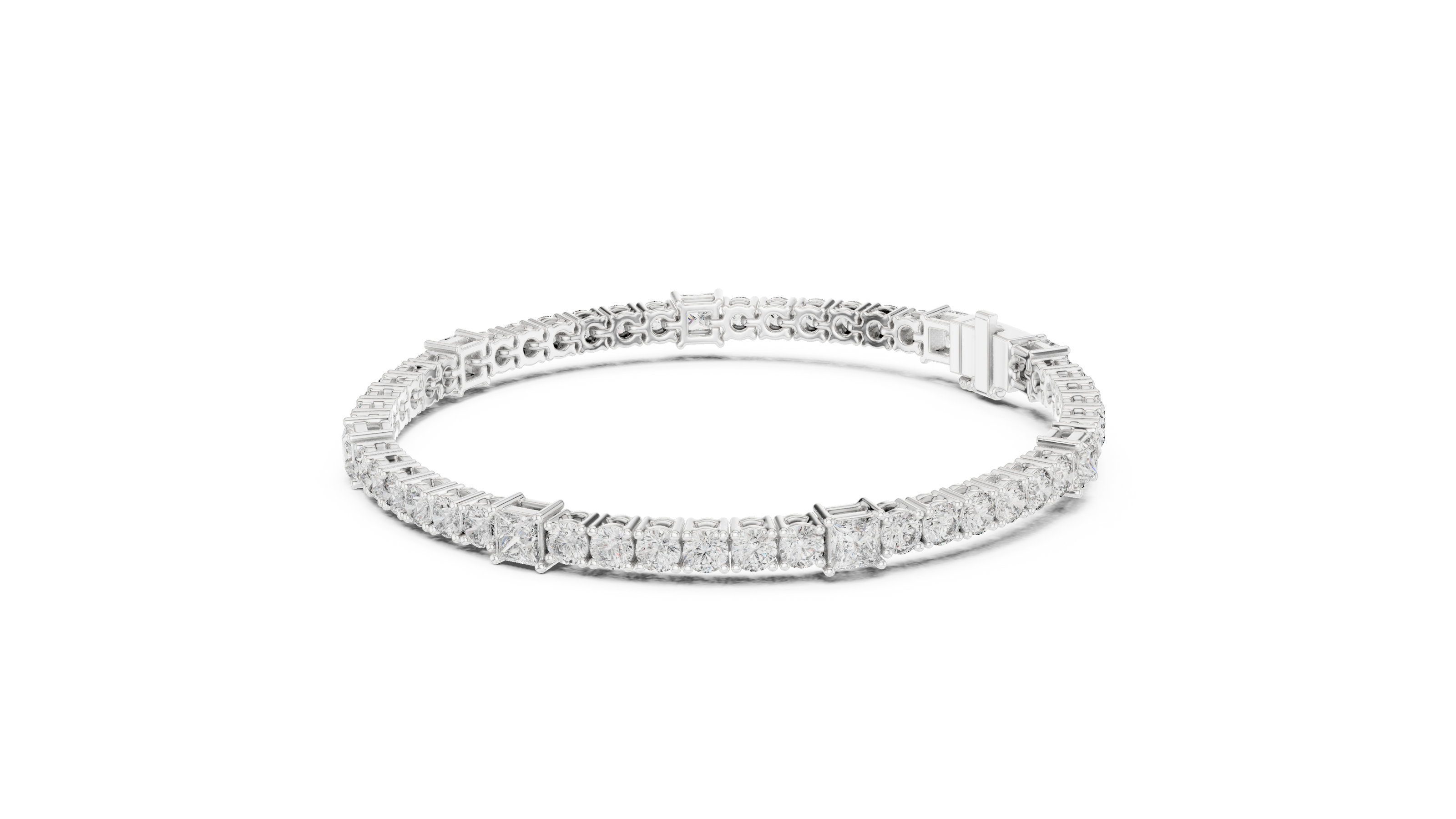 Princess and round lab grown diamond tennis bracelet in yellow white and rose gold with modern mixed shape design
