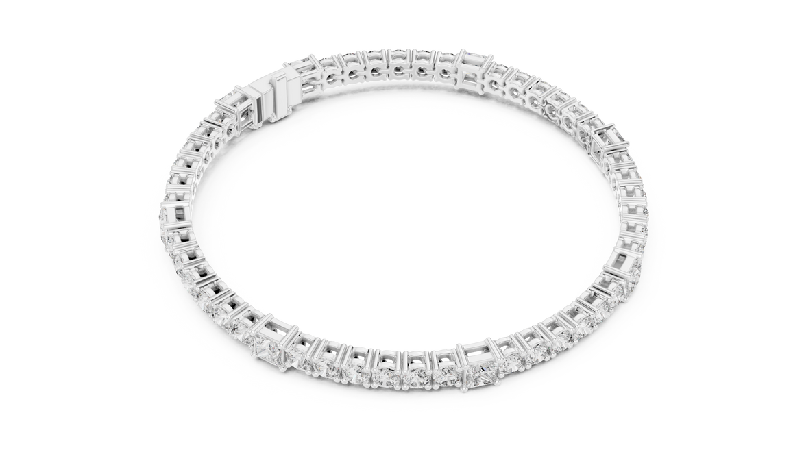 Princess and round lab grown diamond tennis bracelet in yellow white and rose gold with modern mixed shape design