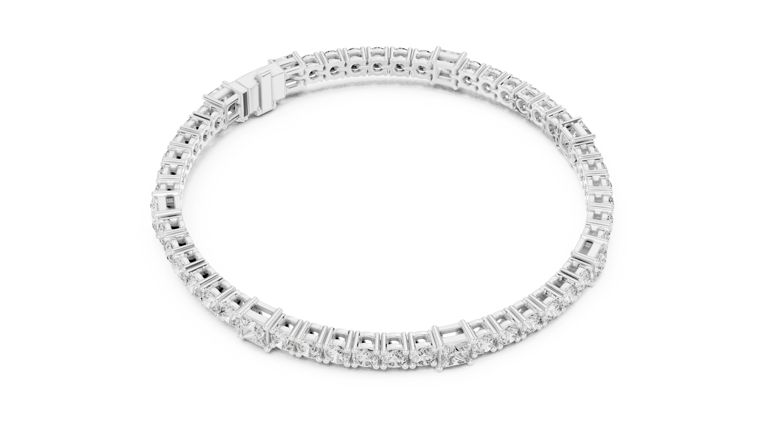Princess and round lab grown diamond tennis bracelet in yellow white and rose gold with modern mixed shape design