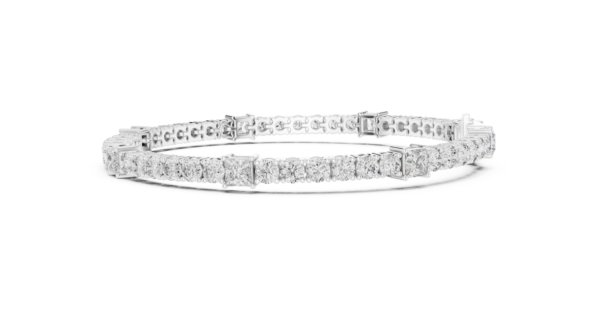 Princess and round lab grown diamond tennis bracelet in yellow white and rose gold with modern mixed shape design