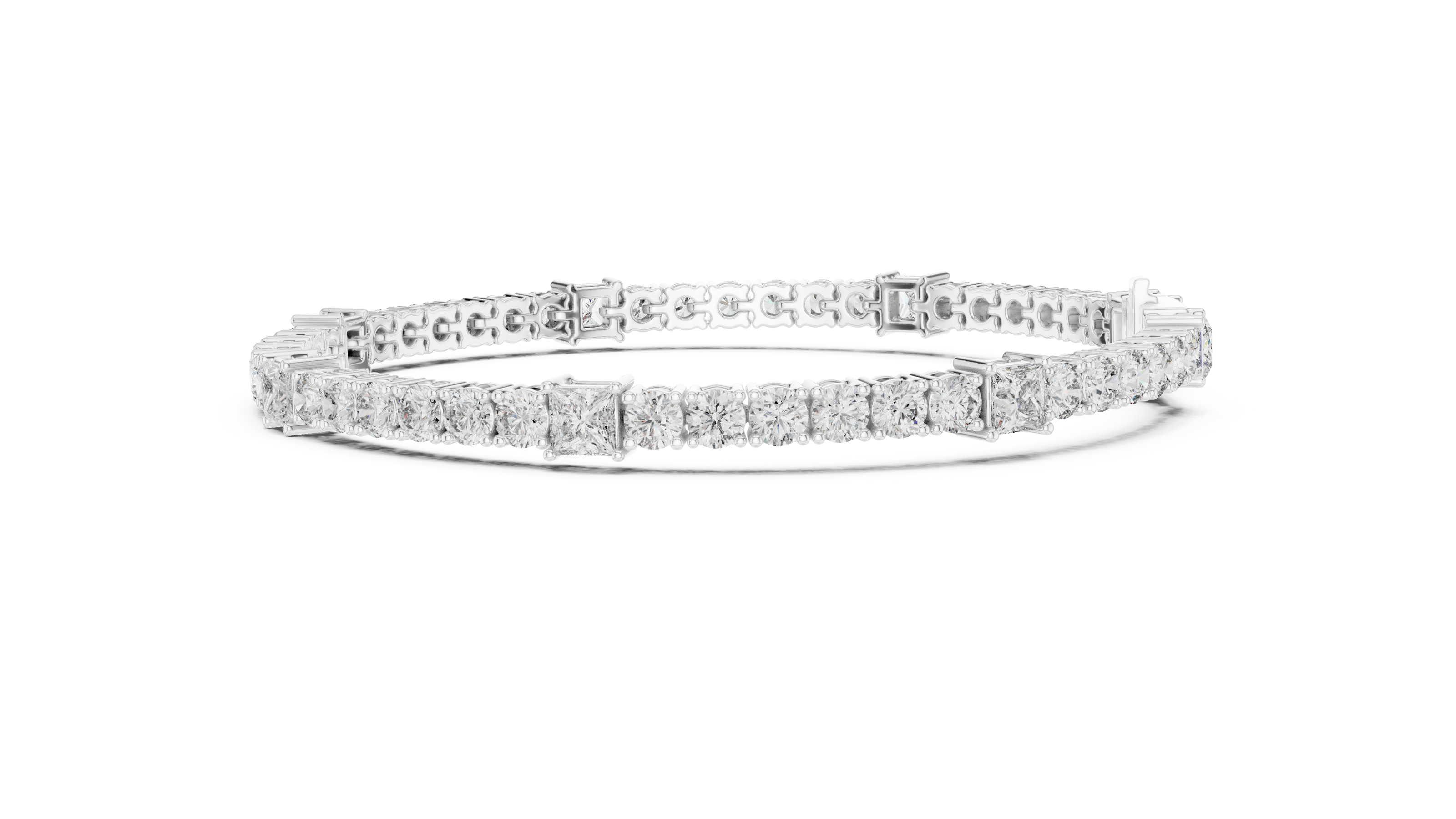 Princess and round lab grown diamond tennis bracelet in yellow white and rose gold with modern mixed shape design