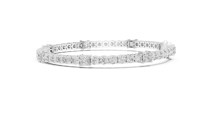 Princess and round lab grown diamond tennis bracelet in yellow white and rose gold with modern mixed shape design