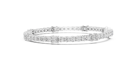 Princess and round lab grown diamond tennis bracelet in yellow white and rose gold with modern mixed shape design