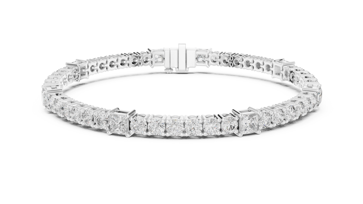 Princess and round lab grown diamond tennis bracelet in yellow white and rose gold with modern mixed shape design