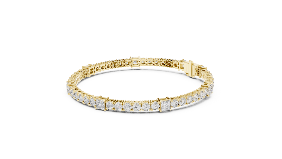 Princess and round lab grown diamond tennis bracelet in yellow white and rose gold with modern mixed shape design