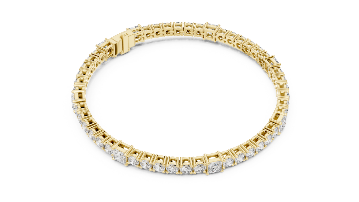 Princess and round lab grown diamond tennis bracelet in yellow white and rose gold with modern mixed shape design