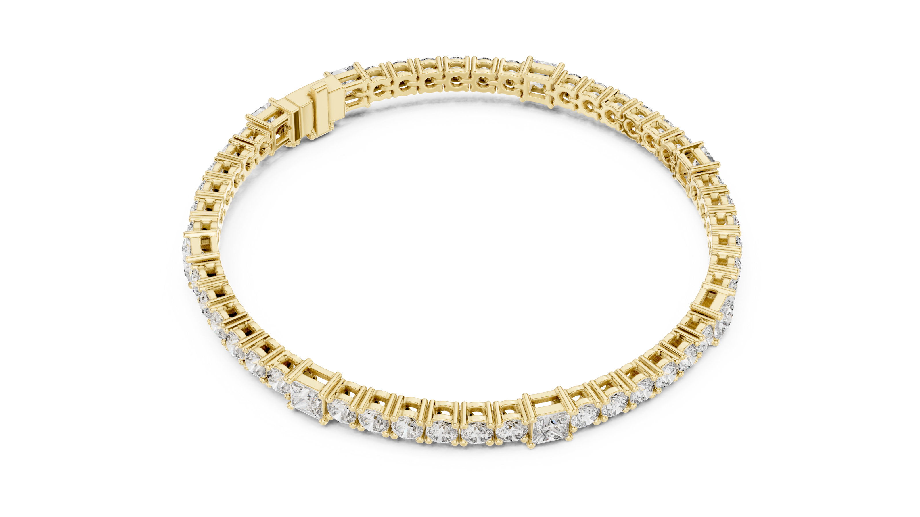 Princess and round lab grown diamond tennis bracelet in yellow white and rose gold with modern mixed shape design