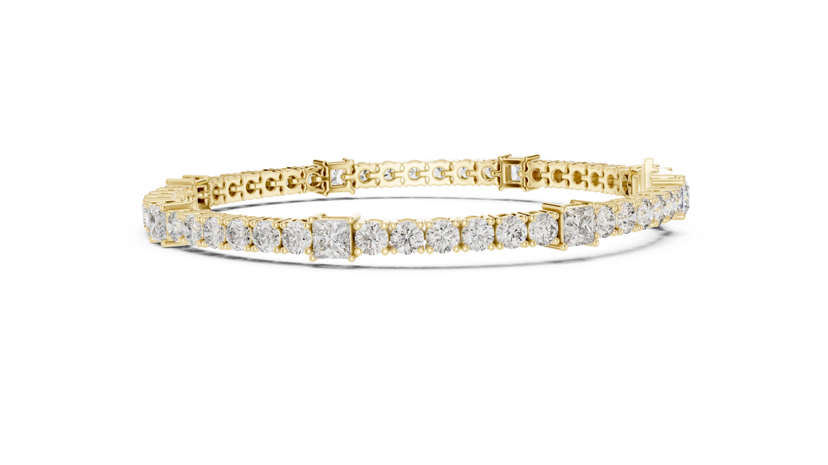 Princess and round lab grown diamond tennis bracelet in yellow white and rose gold with modern mixed shape design