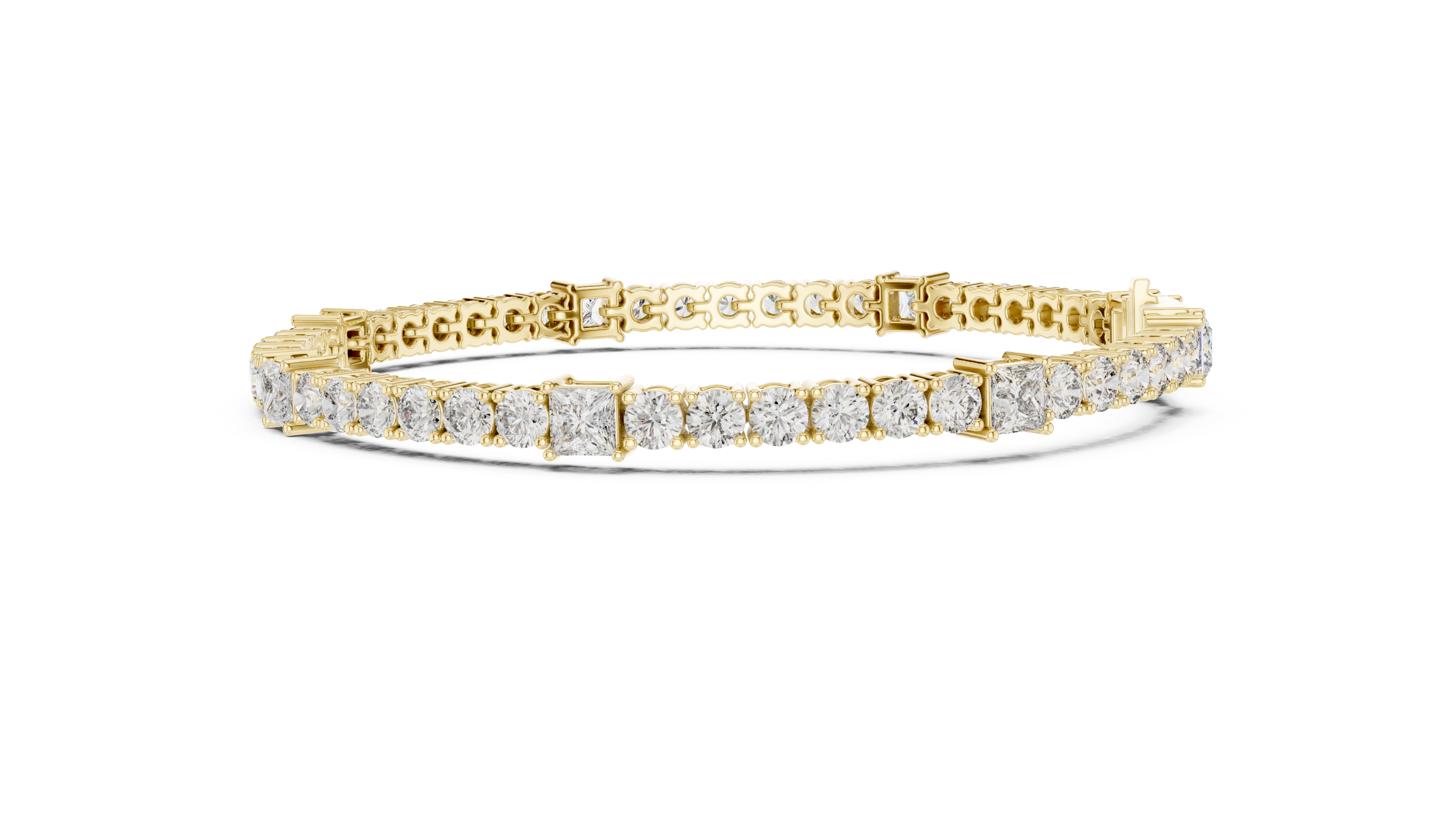 Princess and round lab grown diamond tennis bracelet in yellow white and rose gold with modern mixed shape design