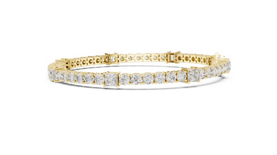 Princess and round lab grown diamond tennis bracelet in yellow white and rose gold with modern mixed shape design