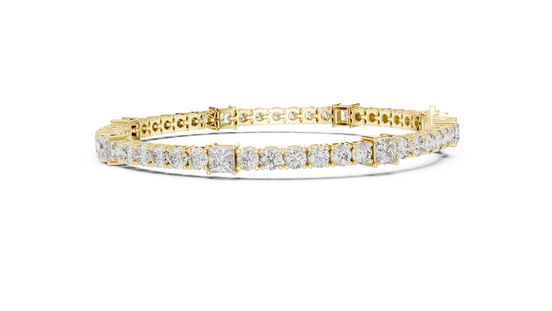 Princess and round lab grown diamond tennis bracelet in yellow white and rose gold with modern mixed shape design