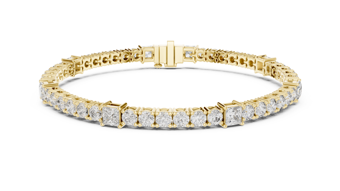 Princess and round lab grown diamond tennis bracelet in yellow white and rose gold with modern mixed shape design