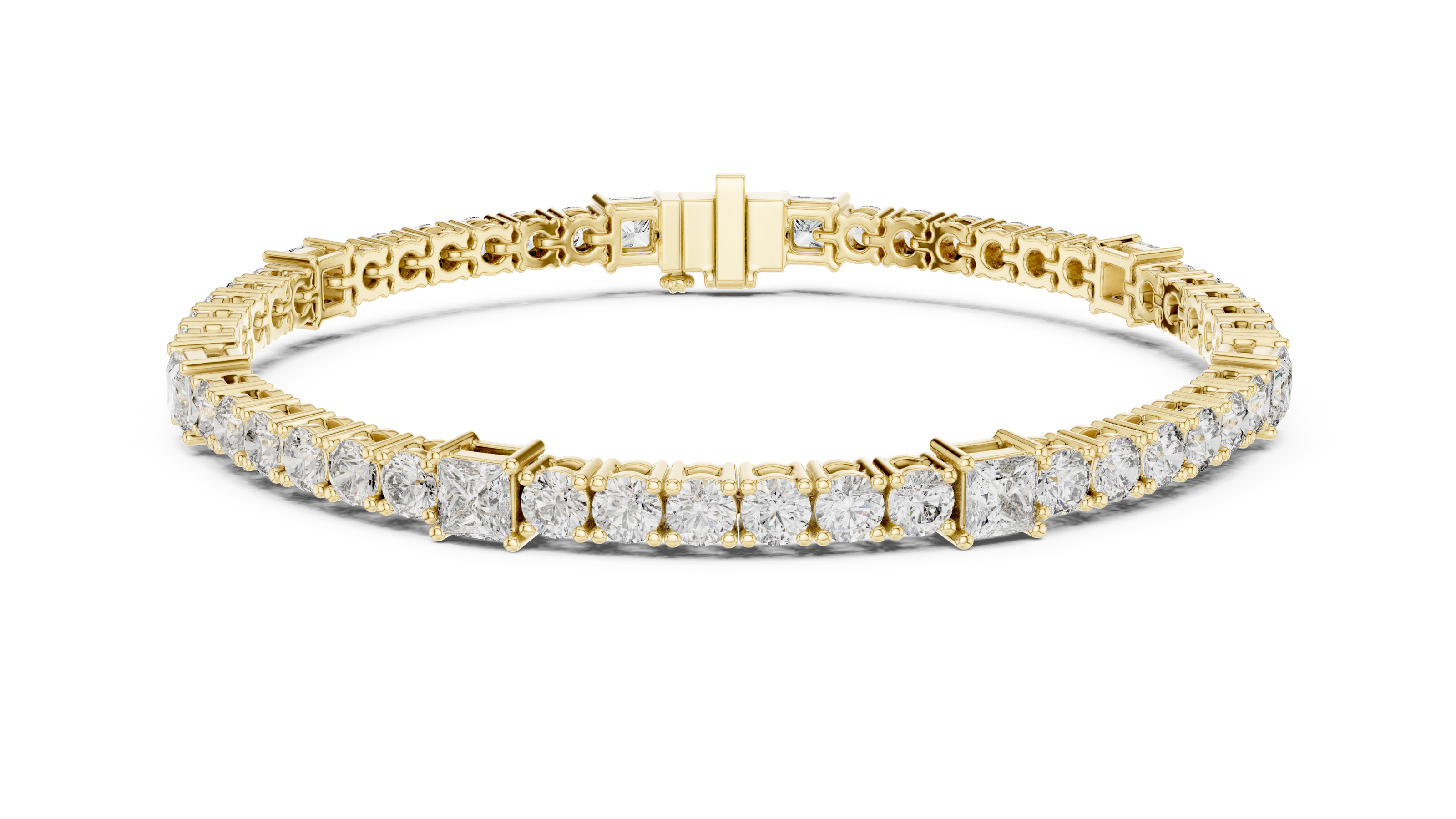 Princess and round lab grown diamond tennis bracelet in yellow white and rose gold with modern mixed shape design