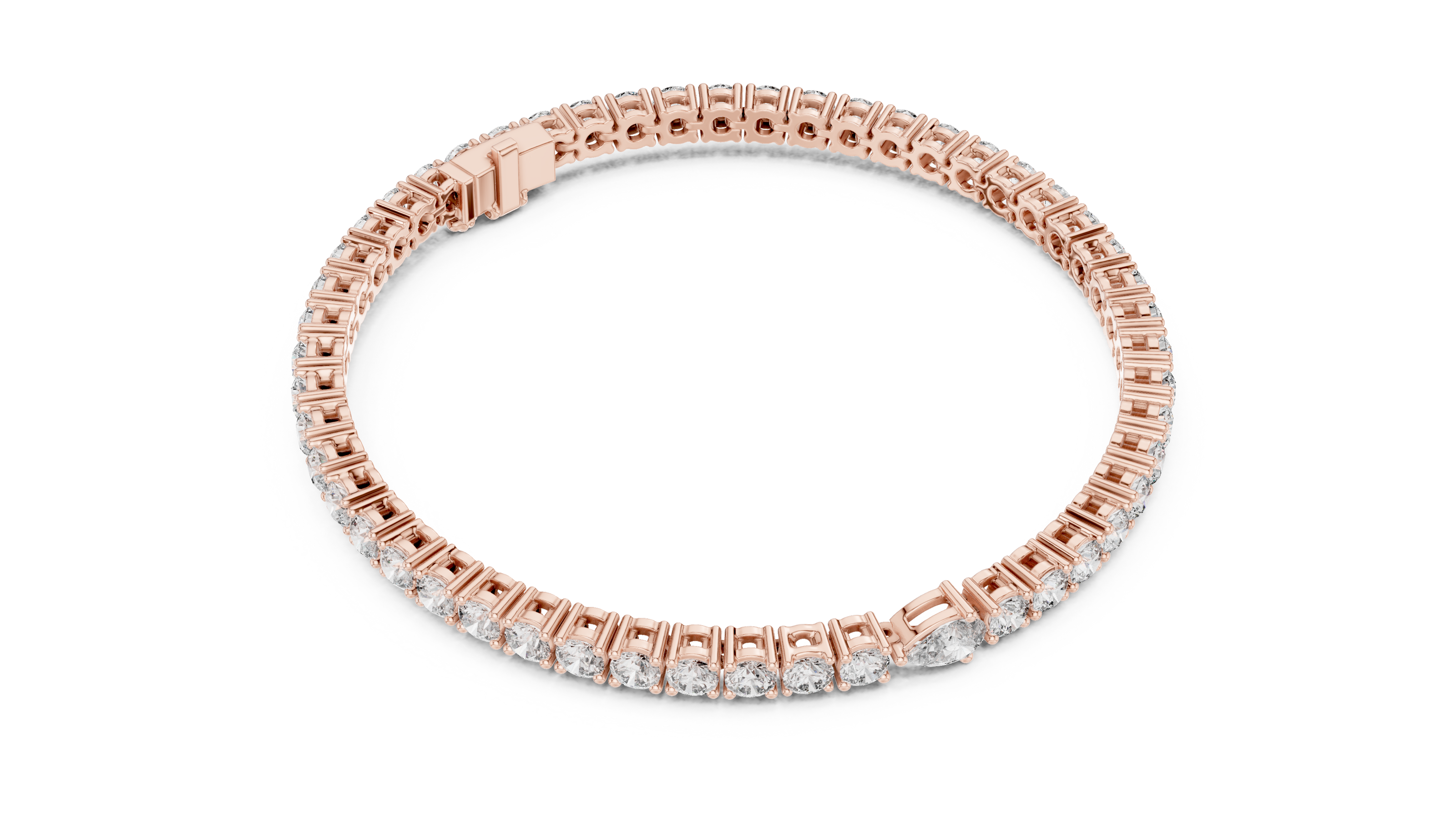 Pear accent lab grown diamond tennis bracelet with round diamonds and central pear cut diamond in gold variations