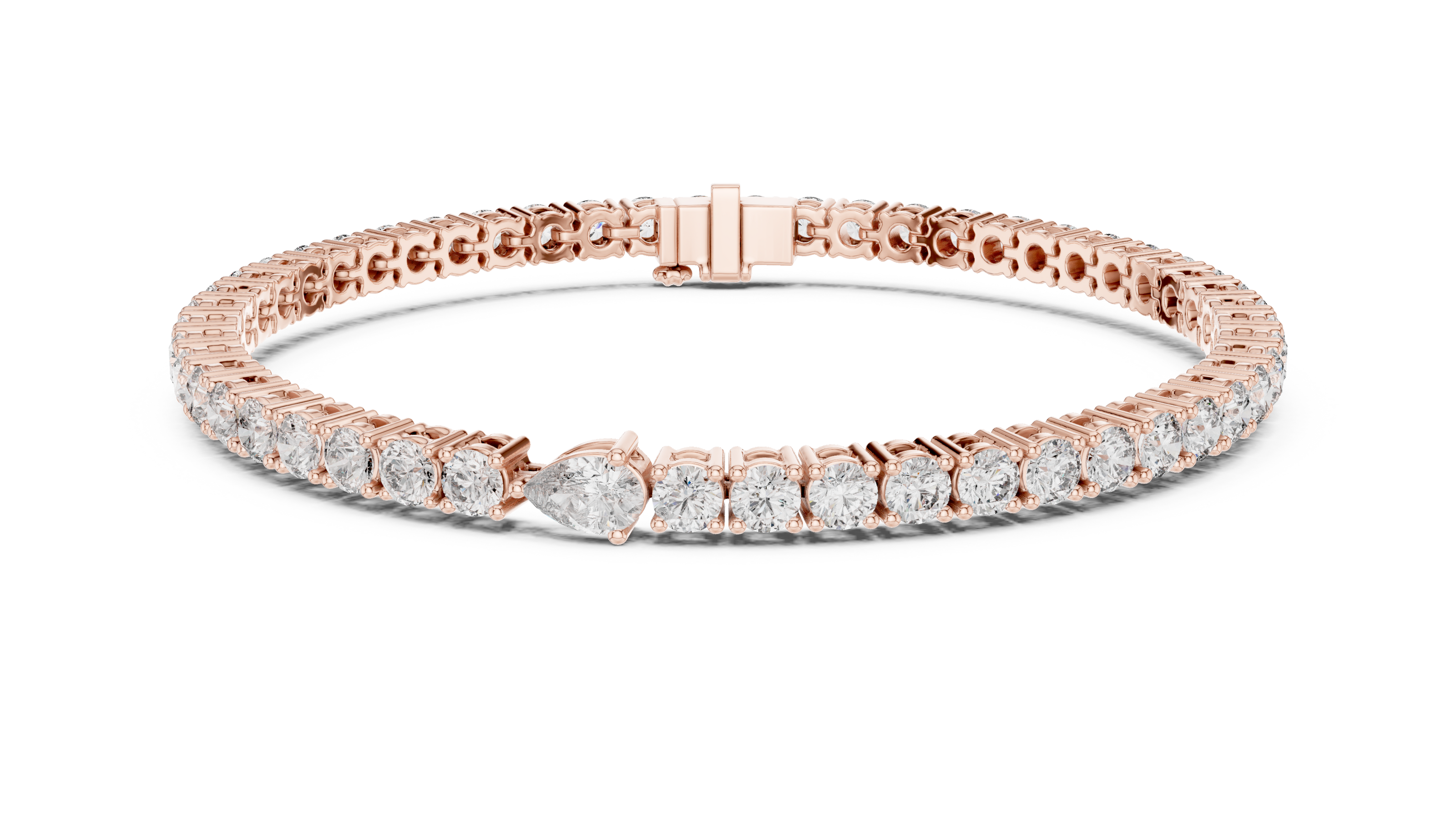 Pear accent lab grown diamond tennis bracelet with round diamonds and central pear cut diamond in gold variations
