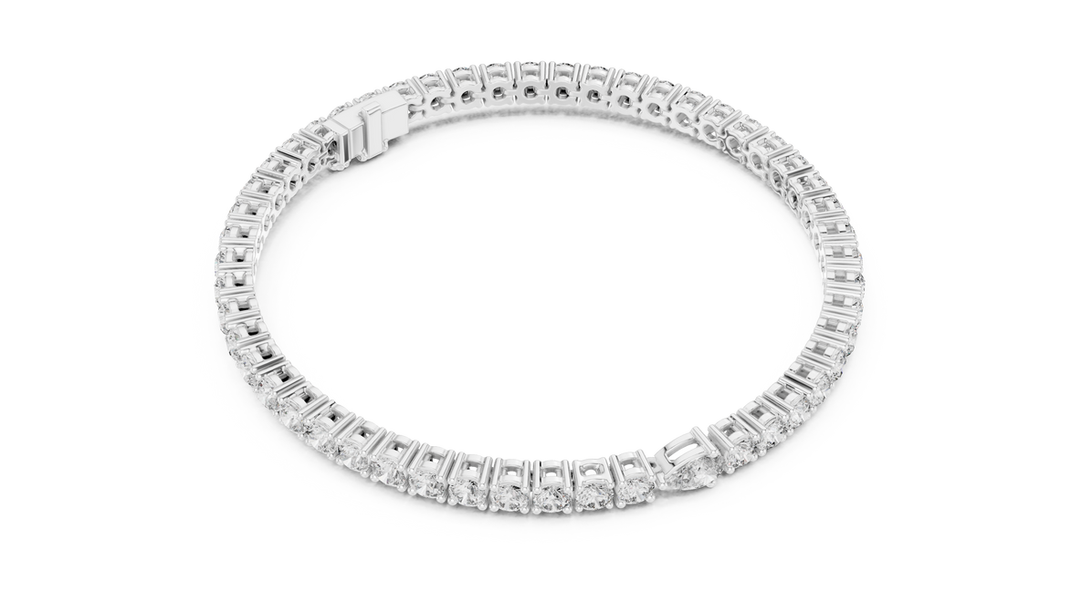 Pear accent lab grown diamond tennis bracelet with round diamonds and central pear cut diamond in gold variations