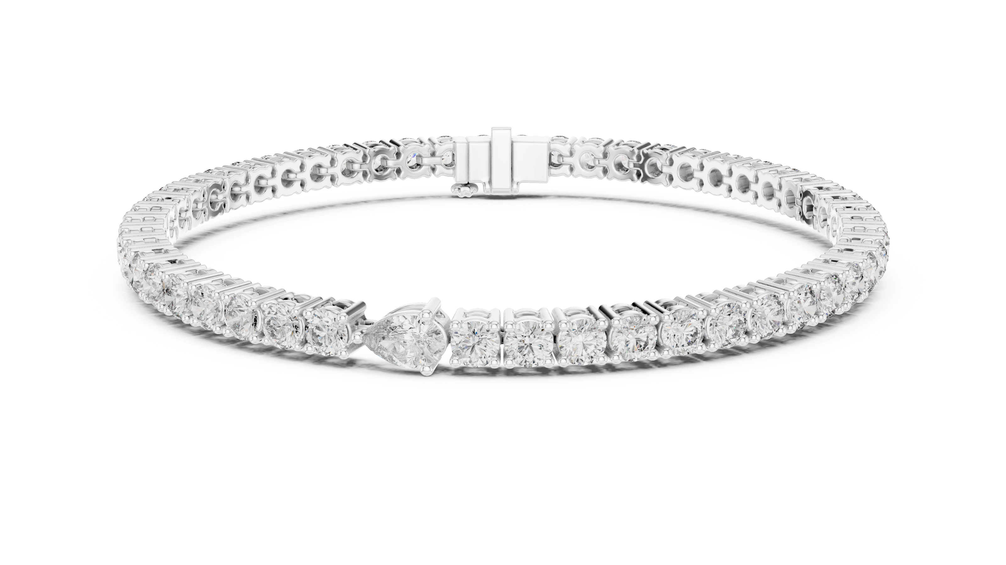 Pear accent lab grown diamond tennis bracelet with round diamonds and central pear cut diamond in gold variations