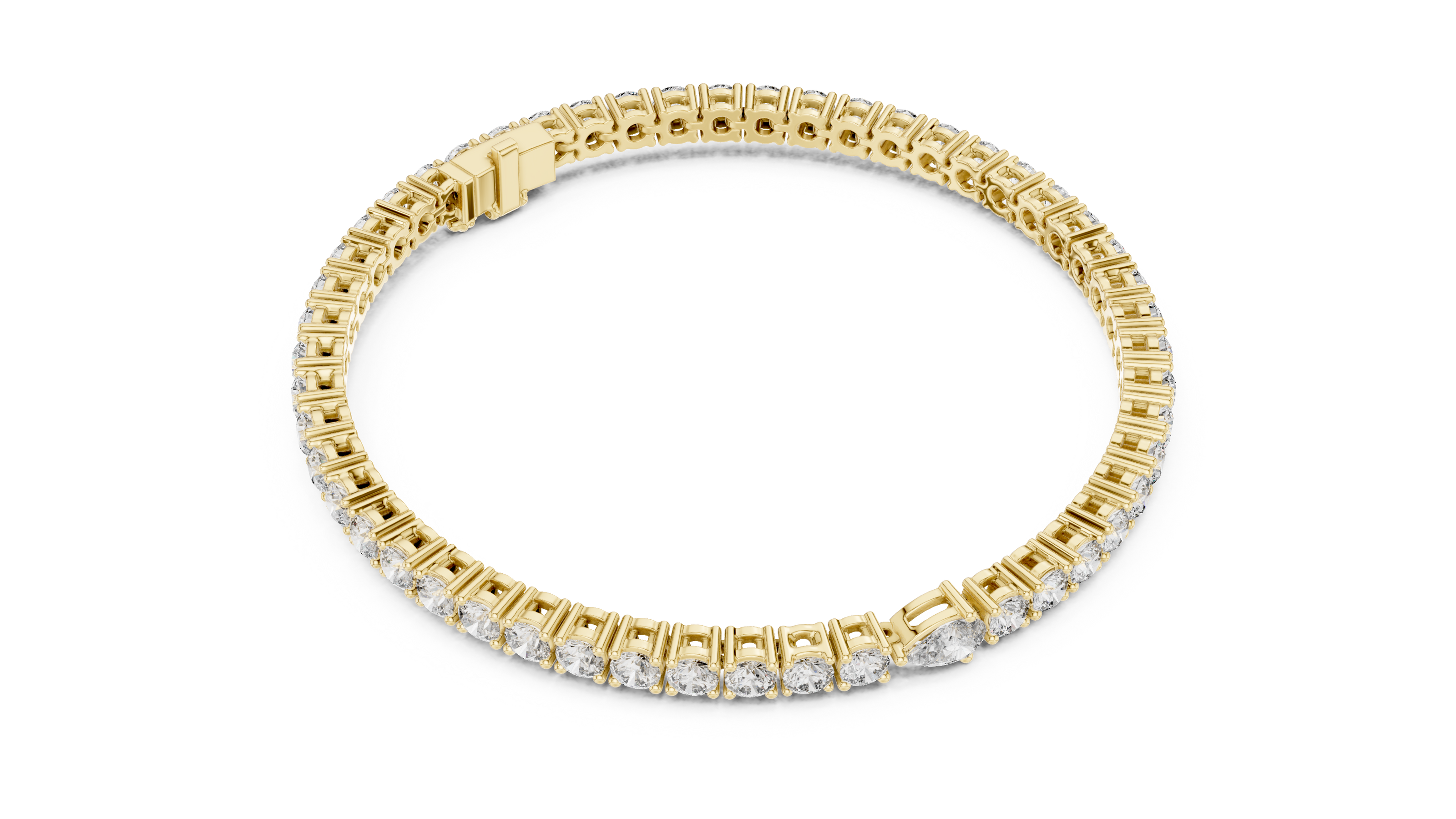 Pear accent lab grown diamond tennis bracelet with round diamonds and central pear cut diamond in gold variations