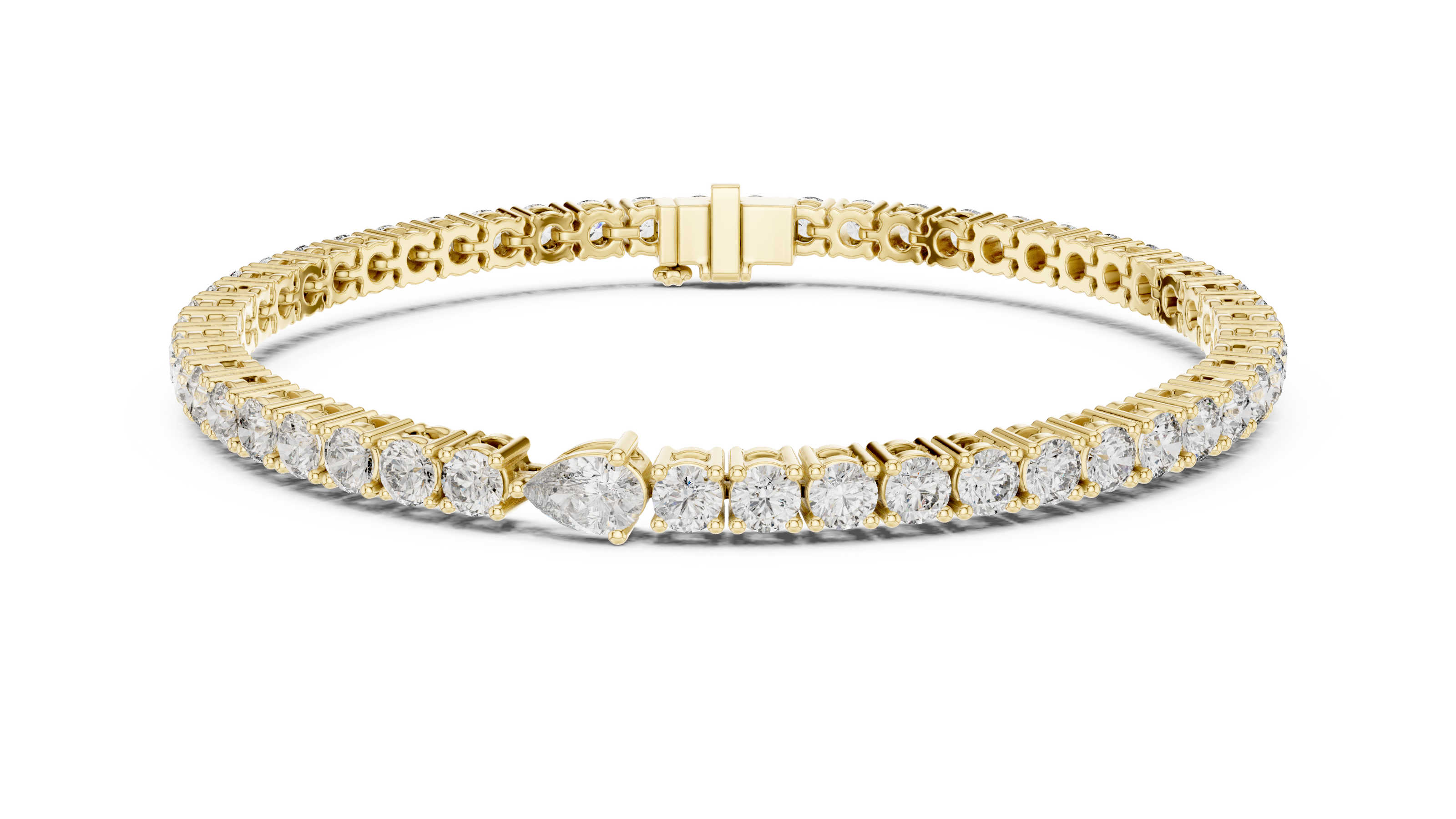 Pear accent lab grown diamond tennis bracelet with round diamonds and central pear cut diamond in gold variations