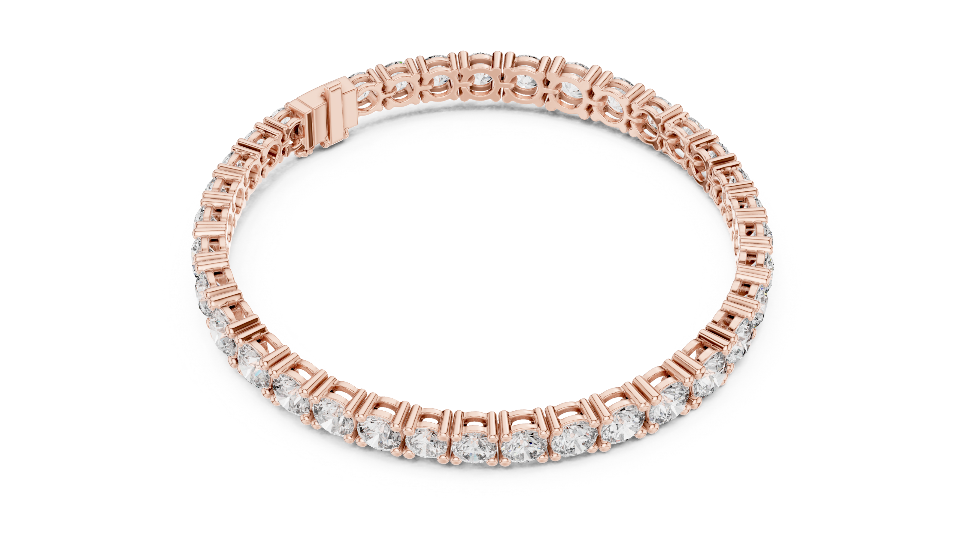 Graduated lab grown diamond tennis bracelet with varying size round diamonds in yellow white and rose gold