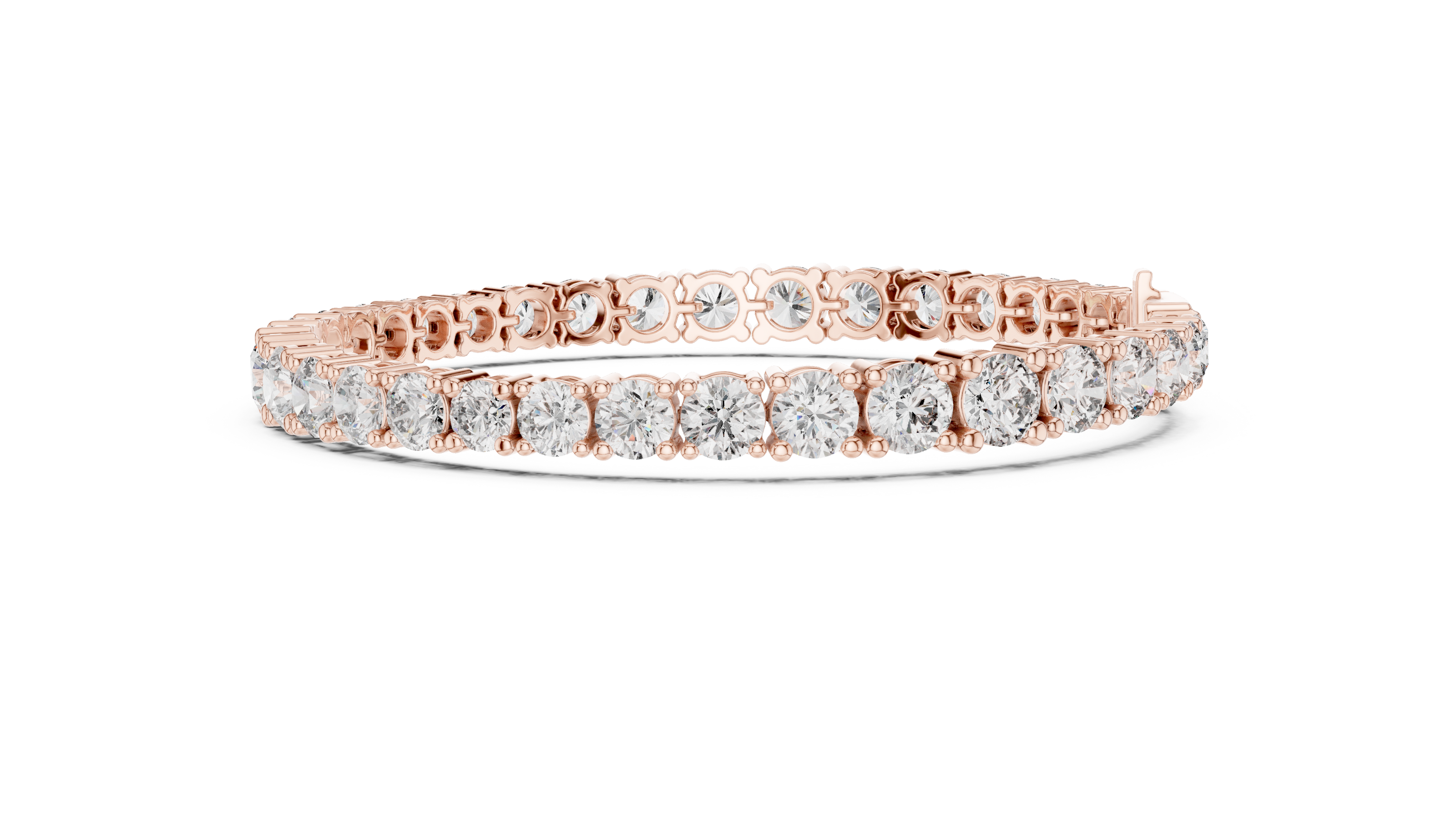 Graduated lab grown diamond tennis bracelet with varying size round diamonds in yellow white and rose gold