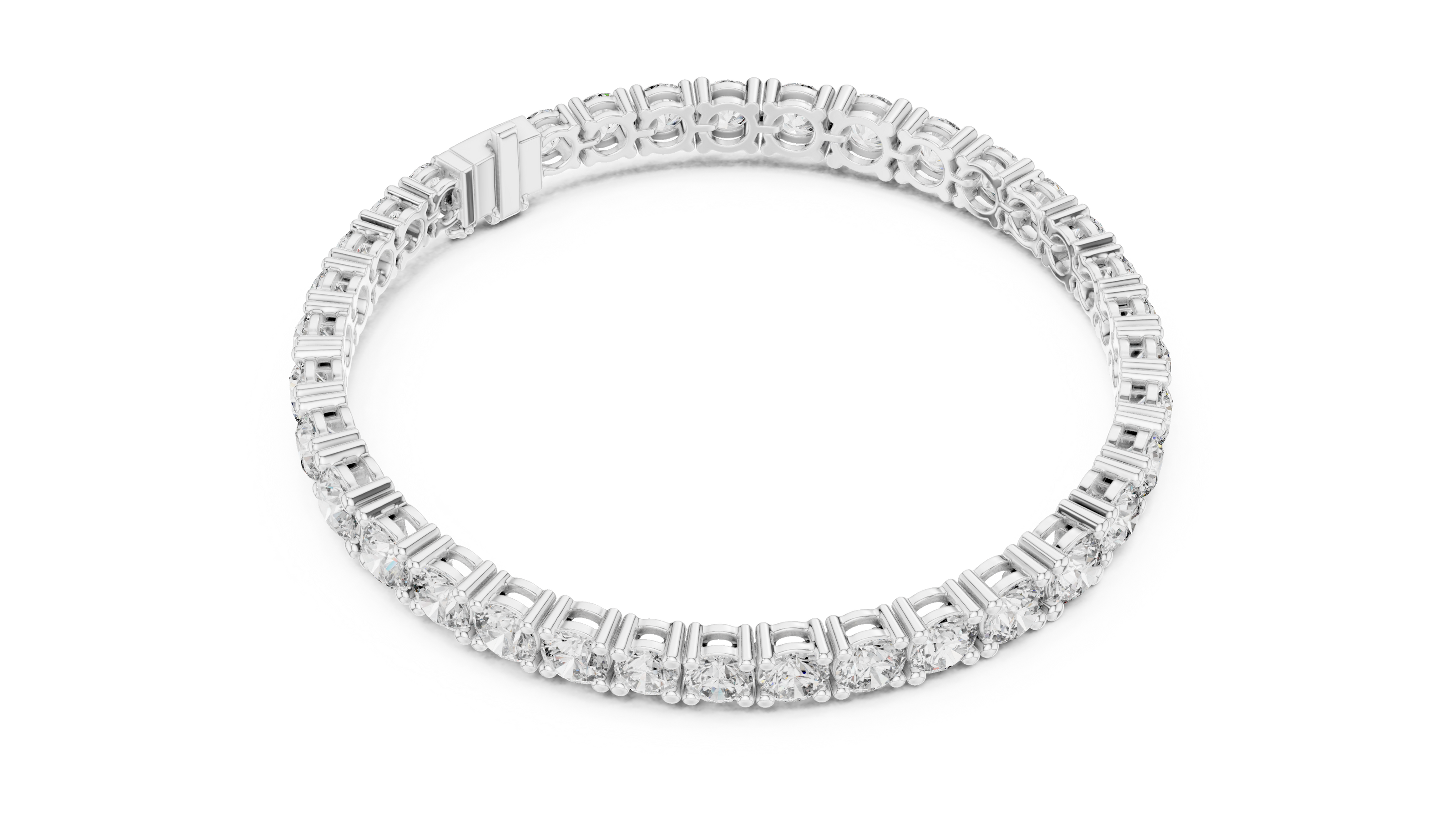 Graduated lab grown diamond tennis bracelet with varying size round diamonds in yellow white and rose gold