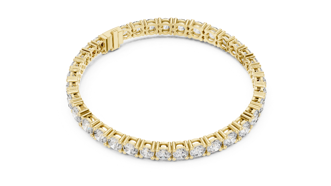 Graduated lab grown diamond tennis bracelet with varying size round diamonds in yellow white and rose gold