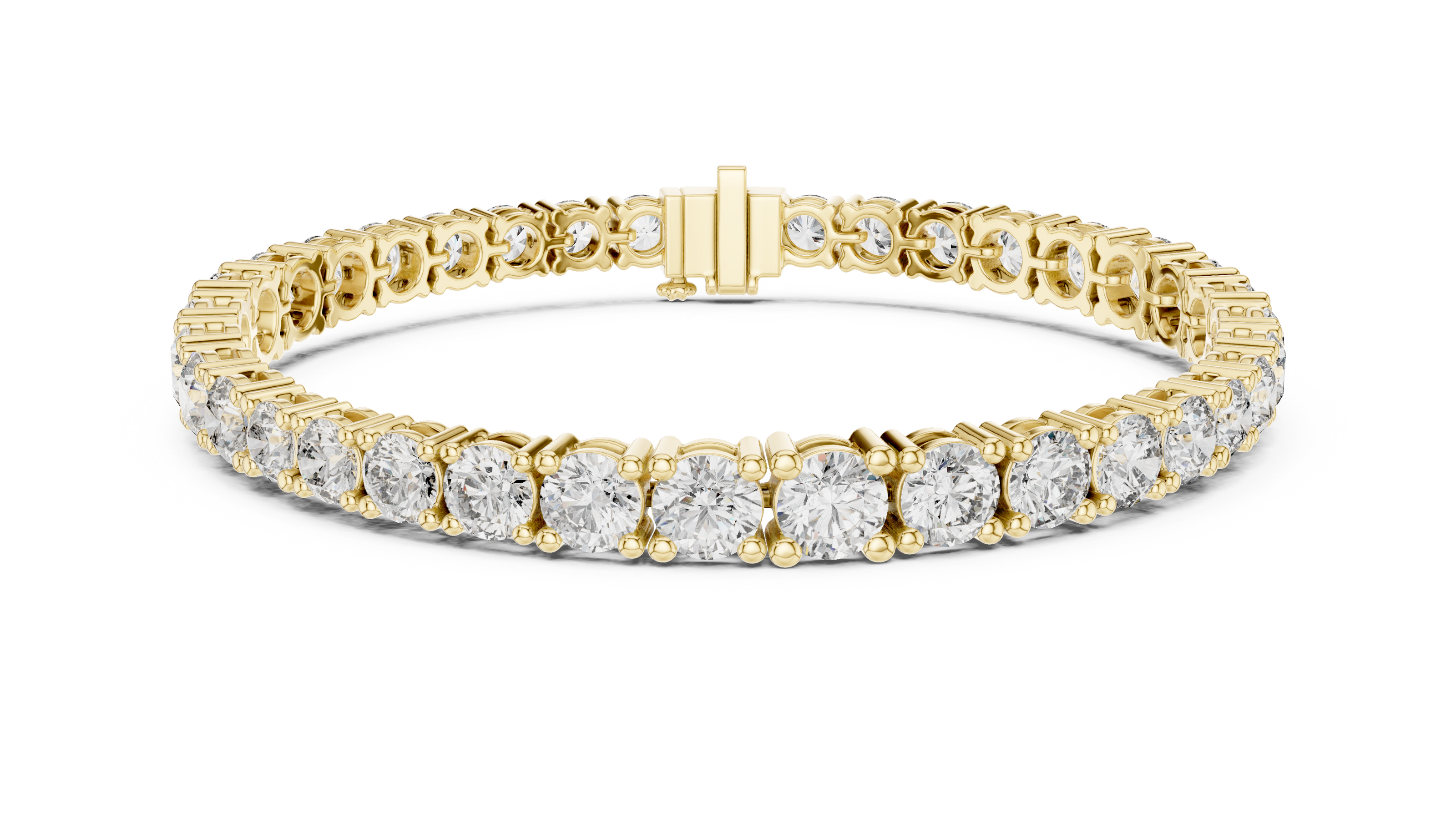 Graduated lab grown diamond tennis bracelet with varying size round diamonds in yellow white and rose gold