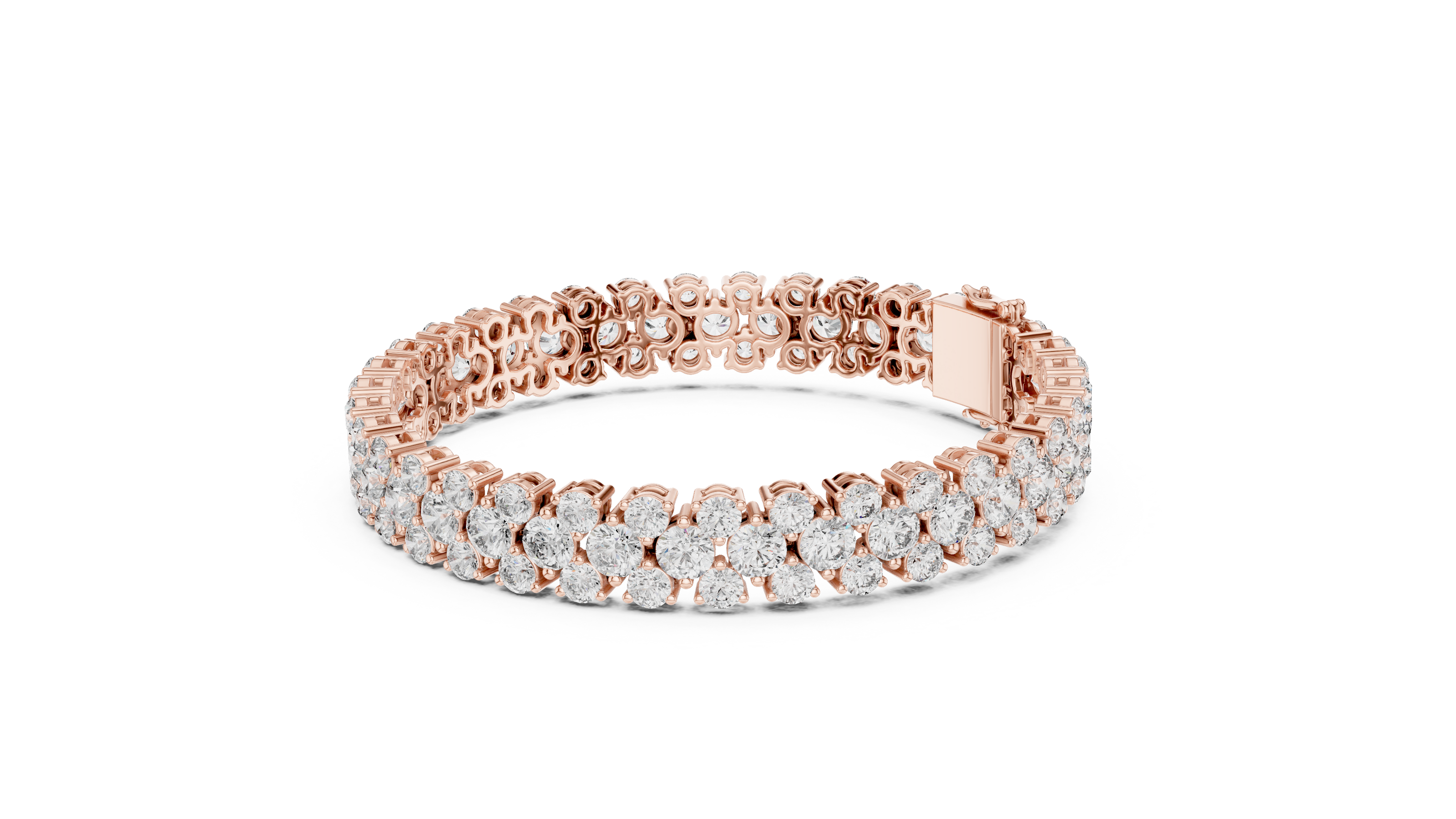 Double row lab grown diamond bracelet with brilliant round diamonds in yellow white and rose gold finishes