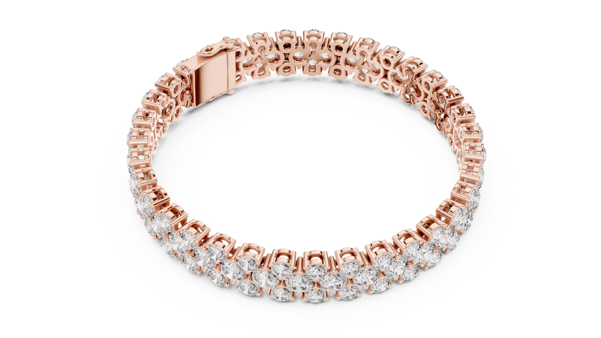 Double row lab grown diamond bracelet with brilliant round diamonds in yellow white and rose gold finishes