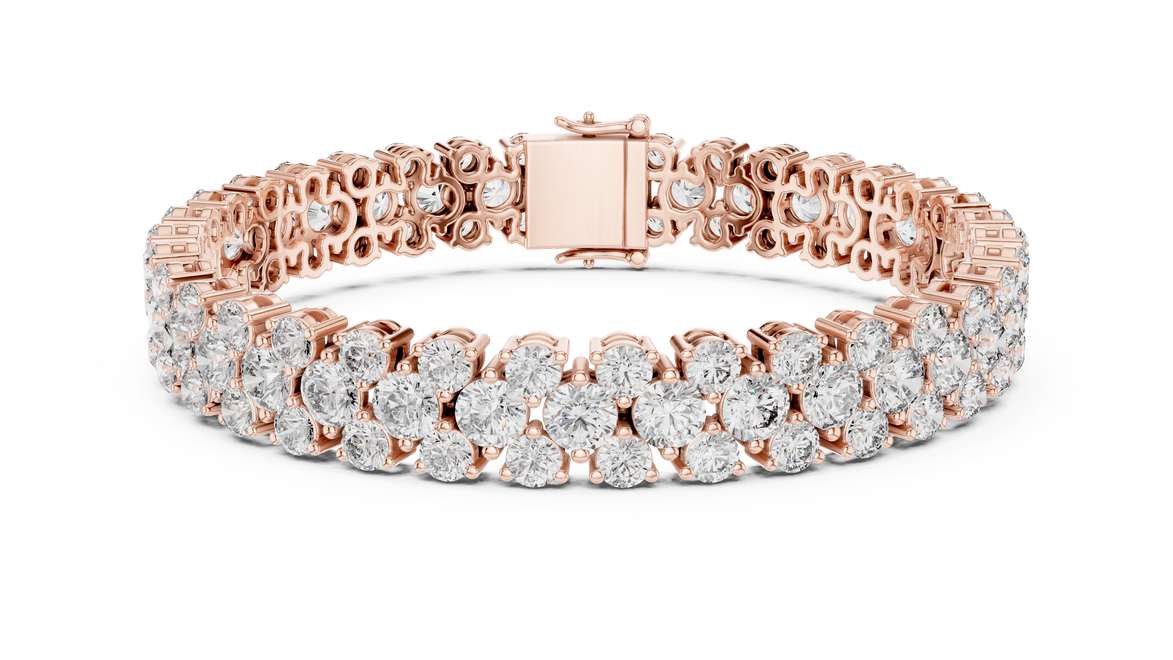 Double row lab grown diamond bracelet with brilliant round diamonds in yellow white and rose gold finishes