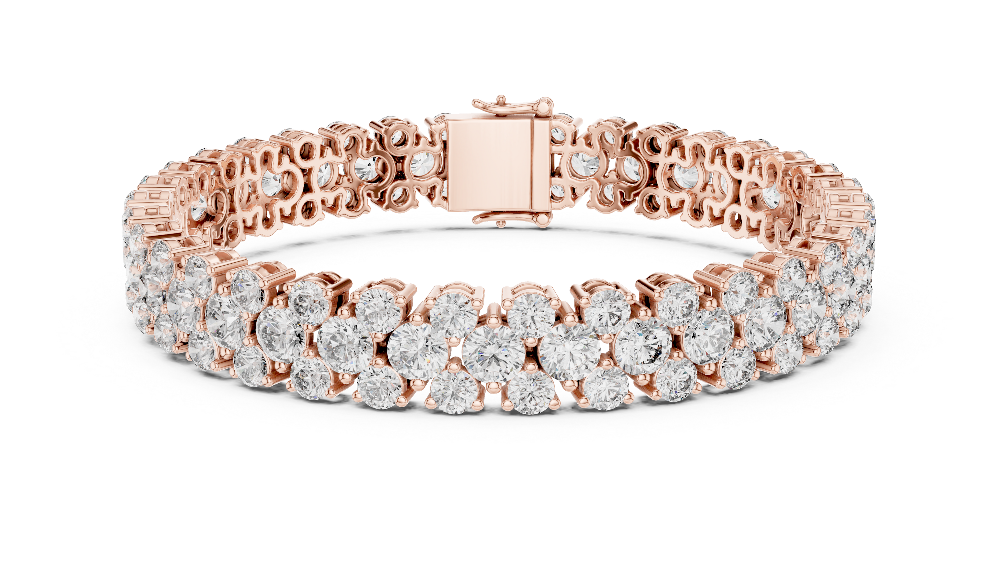 Double row lab grown diamond bracelet with brilliant round diamonds in yellow white and rose gold finishes